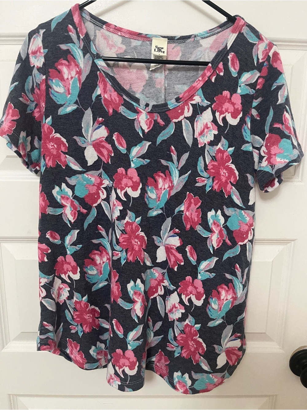 Sew In Love Navy Short Sleeve Tee with Pink Floral Print